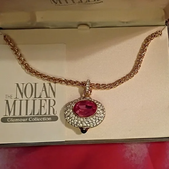 New NOLAN MILLER Gold / Rhinestones / Pink Heart Necklace And Earrings Set